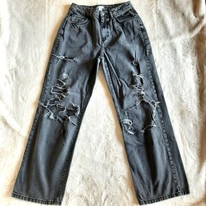 Forever 21 Black High Rise Jeans Womens Sz 29 Wide Leg Distressed 100% Cotton